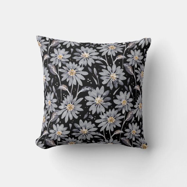Silver Gray Daisies on Black Reversible Floral Throw Pillow (Front)