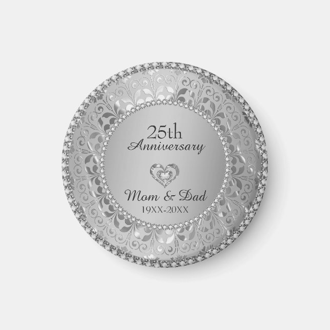 Silver Gray Damask 25th Anniversary Magnet (Front)