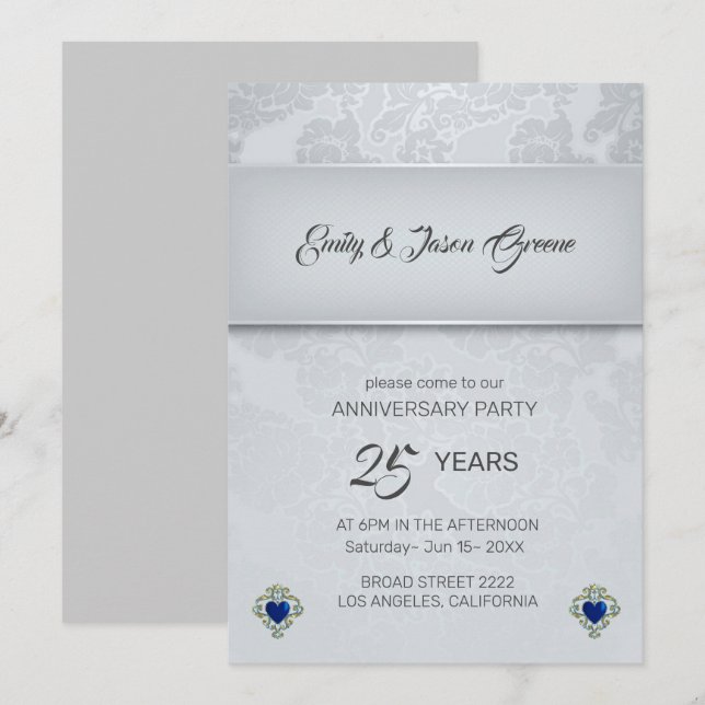 Silver Gray Damask And Blue Hearts Invitation (Front/Back)