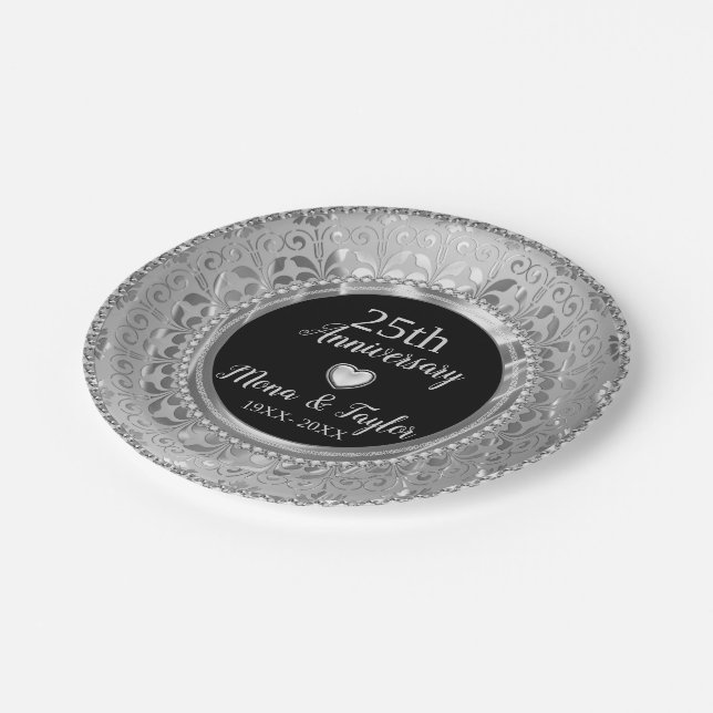 Silver Gray Damask And Heart Paper Plates (Angled)