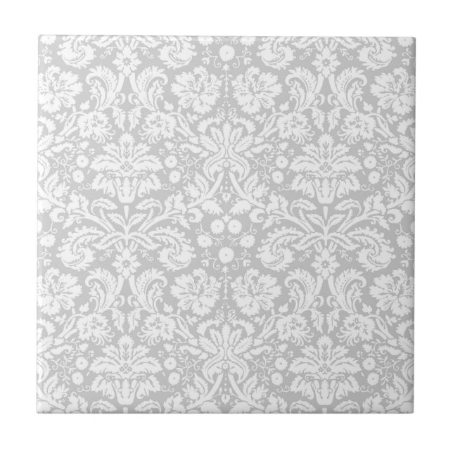 Silver gray damask pattern ceramic tile (Front)
