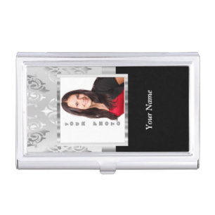 Silver gray damask photo template business card case