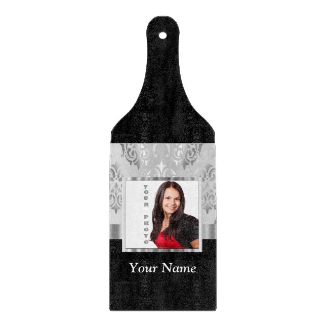 Silver gray damask photo template cutting board (Front)