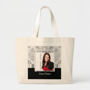 Silver gray damask photo template large tote bag