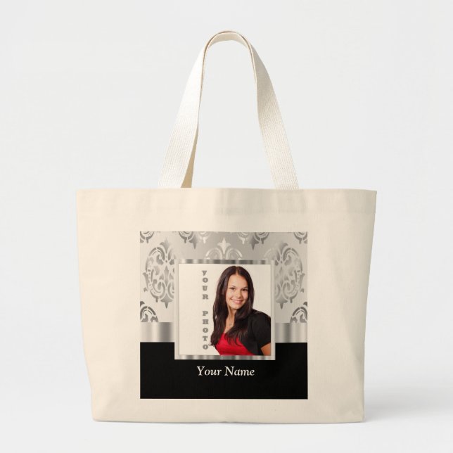 Silver gray damask photo template large tote bag (Front)