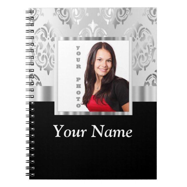 Silver gray damask photo template notebook (Front)