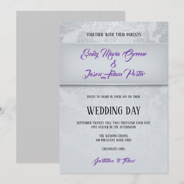 Silver Gray Damask Wedding Invitation (Front/Back)