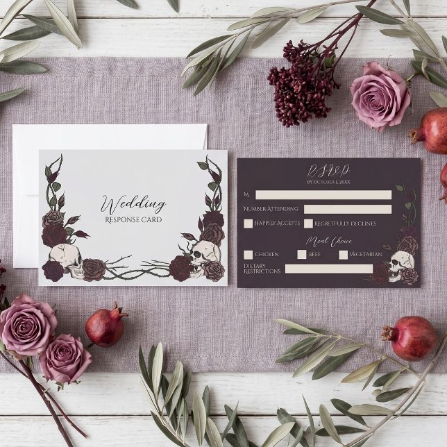 Silver Gray Dark Floral Skull Wedding RSVP Save The Date (Hand-drawn gothic ink skull and rose wedding rsvp response card in silver gray and dark plum)