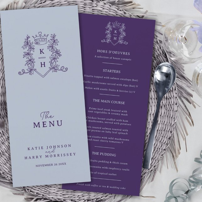 Silver gray dark purple crown monogram wedding menu (Creator Uploaded)