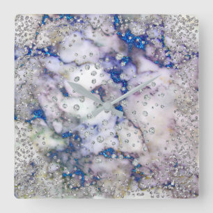 Silver Gray Diamond Crystals Marble Blue Navy Square Wall Clock