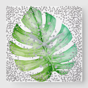 Silver Gray  Diamond Crystals White Monstera Leaf Square Wall Clock