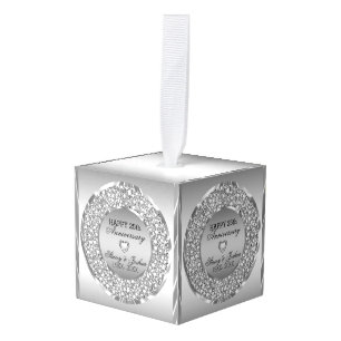Silver Gray Diamonds And Heart-25th Anniversary Cube Ornament