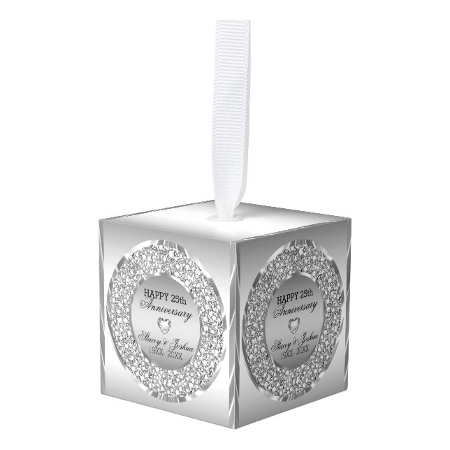 Silver Gray Diamonds And Heart-25th Anniversary Cube Ornament (Front Angled)