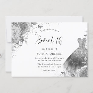 Silver & Gray Dress Floral Sweet 16 Party Invitation