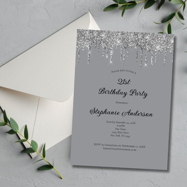 Silver Gray Dripping Glitter Trendy 21st Birthday  Invitation (Silver Dripping glitter 21st Birthday Invitation Elegant and Formal.)