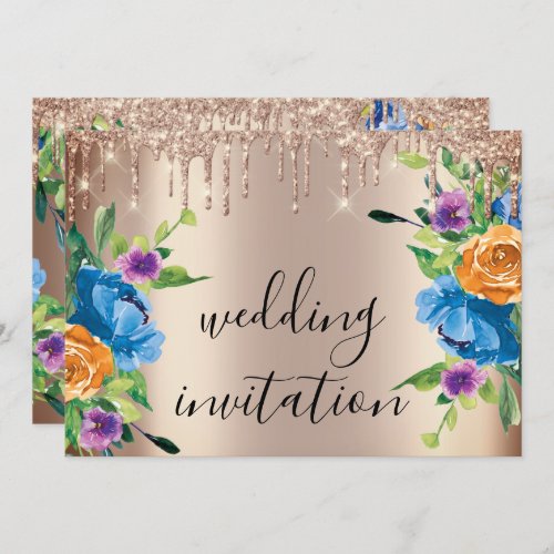 Silver Gray Drips Blue Navy Wedding Rose Gold Invitation