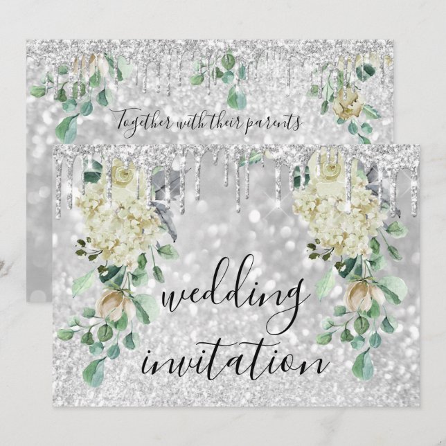 Silver Gray Drips Glitte Floral Mint Green Wedding Invitation (Front/Back)
