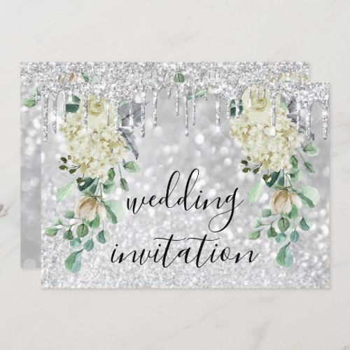 Silver Gray Drips Glitte Floral Mint Green Wedding Invitation