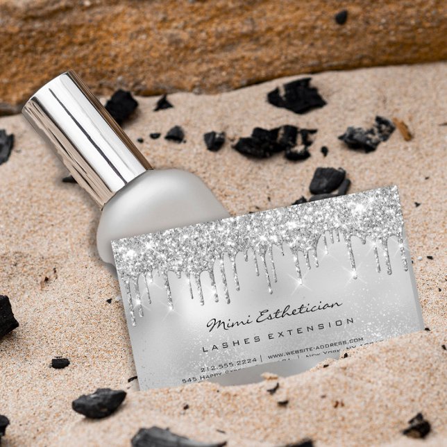 Silver Gray Drips Glitter Eyelash Aftercare Makeup Business Card (Creator Uploaded)