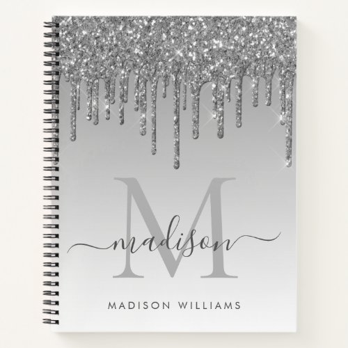 Silver Gray Drips Glitter Sparkle Monogram Script Notebook