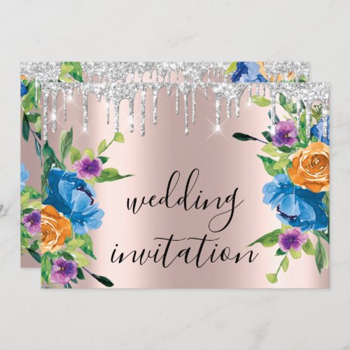 Silver Gray Drips Grey Black Navy Wedding Rose Invitation