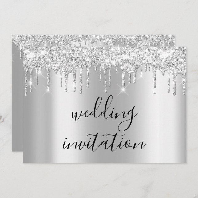 Silver Gray Drips Grey Black Spark Wedding Invitation (Front/Back)