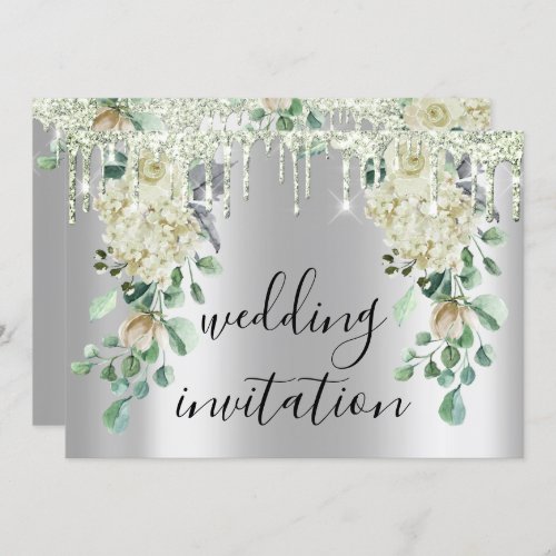 Silver Gray Drips Grey Floral Mint Green Wedding Invitation