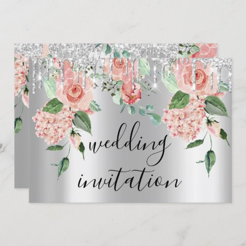 Silver Gray Drips Grey Floral Mint Pink Wedding Invitation