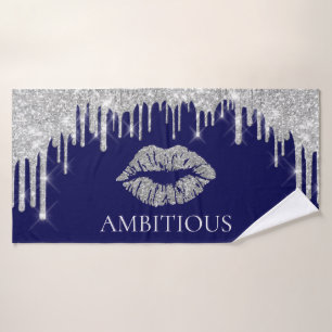 Silver Gray Drips Kiss Lips Name AMBITIOUS Bath Towel