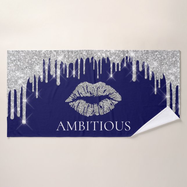 Silver Gray Drips Kiss Lips Name AMBITIOUS Bath Towel (Bath Towel)