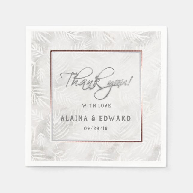 Silver Gray & Dusty Pink Palm Leaves Wedding Napkins (Front)