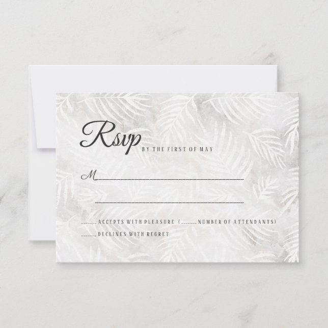 Silver Gray & Dusty Pink Palm Leaves Wedding RSVP Card (Front)