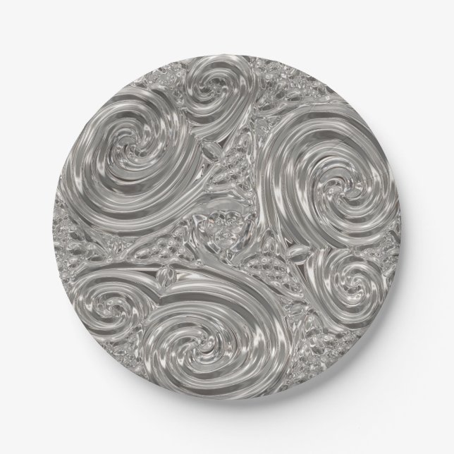 Silver gray elegant art nouveau embossed look paper plates (Front)