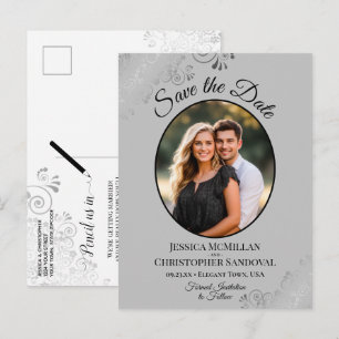 Silver Gray Fancy Wedding Save the Date Oval Photo Announcement Postcard