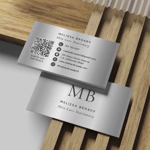 Silver Gray Faux Brushed Metallic Monogram Business Card