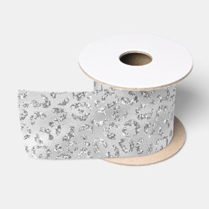 Silver Gray Faux Glitter Leopard Print Satin Ribbon