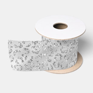Silver Gray Faux Glitter Leopard Print Satin Ribbon