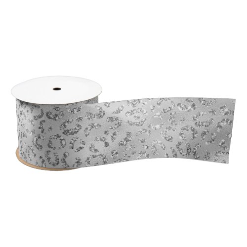 Silver Gray Faux Glitter Leopard Print Satin Ribbon