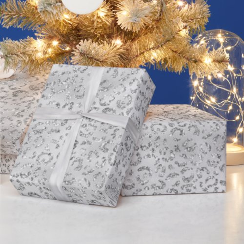 Silver Gray Faux Glitter Leopard Print Wrapping Paper