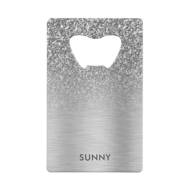 Silver-Gray Faux Glitter & Metallic Texture Blend Credit Card Bottle Opener (Back)
