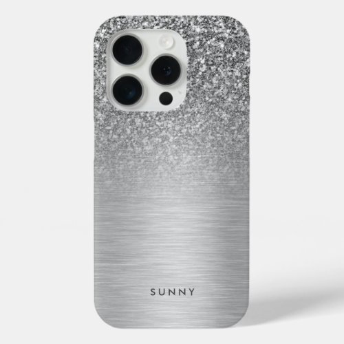 Silver Gray Faux Glitter  Metallic Texture iPhone 15 Pro Case