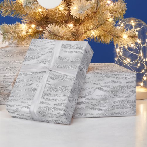 Silver Gray Faux Glitter Zebra Stripes Wrapping Paper