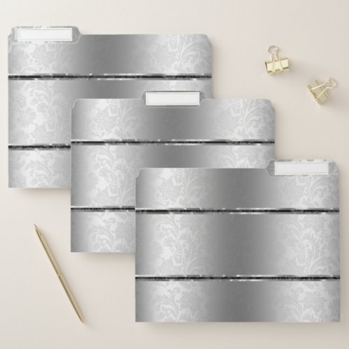 Silver_Gray Faux Stainless Steel  Gray Damasks File Folder