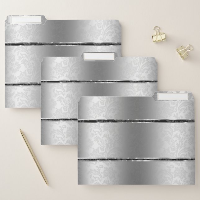 Silver-Gray Faux Stainless Steel & Gray Damasks File Folder (Set)