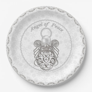 Silver Gray Filigree Christmas Angel of Peace Paper Plates