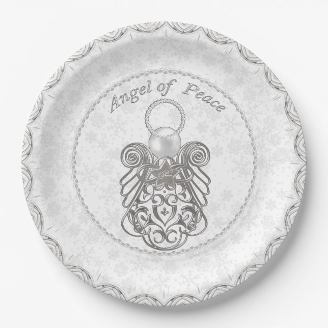 Silver Gray Filigree Christmas Angel of Peace Paper Plates (Front)