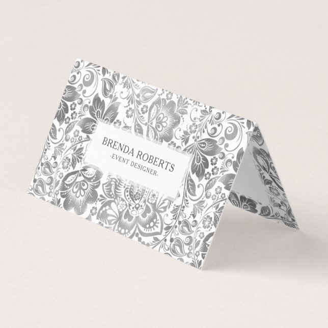 Silver-Gray Floral Damasks Business Card (Front)