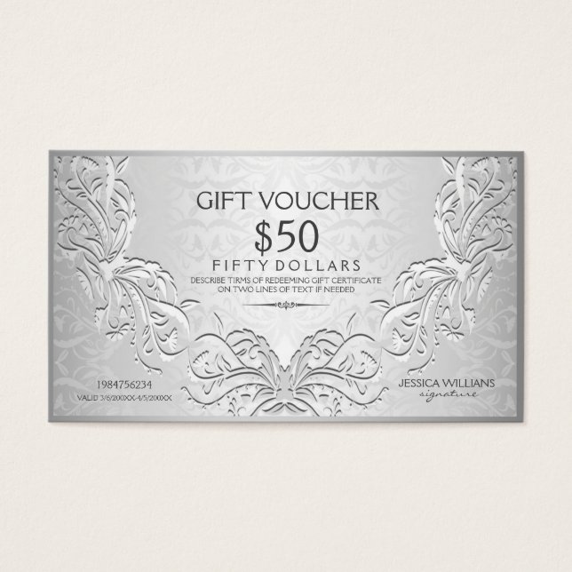 Silver Gray Floral Frame Gift Voucher (Front)