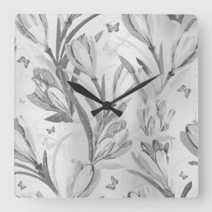 Silver Gray Floral Graden Monochromatic Butterfly Square Wall Clock