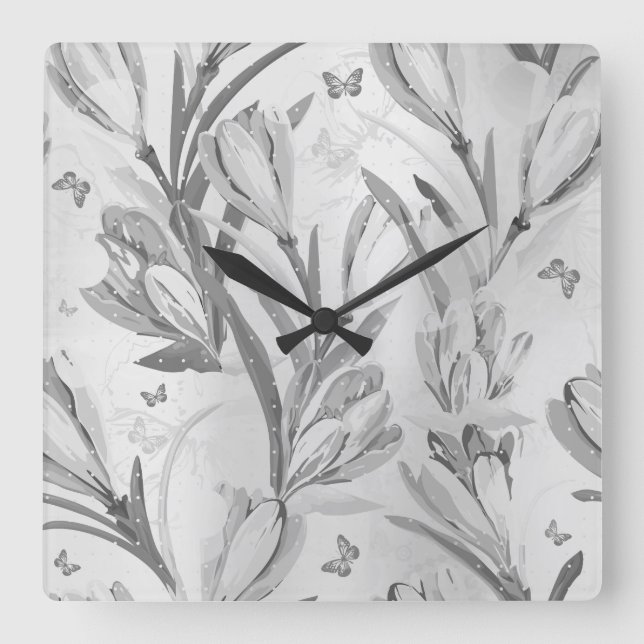 Silver Gray Floral Graden Monochromatic Butterfly Square Wall Clock (Front)
